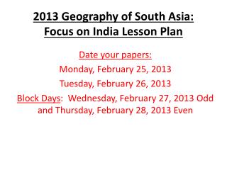 2013 Geography of South Asia: Focus on India Lesson Plan