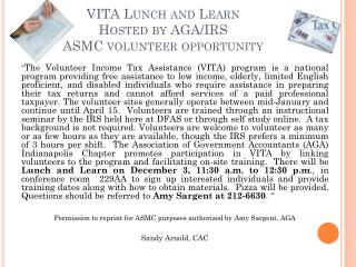 VITA Lunch and Learn Hosted by AGA/IRS ASMC volunteer opportunity