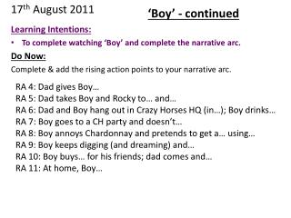 Learning Intentions: To complete watching ‘Boy’ and complete the narrative arc. Do Now: