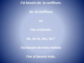 J’ai besoin de la confiture . de la confiture en J’en ai besoin . du, de la, des, de l’