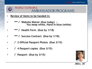 Review of items to be handed in: