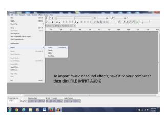 To import music or sound effects, save it to your computer t hen click FILE-IMPRT-AUDIO