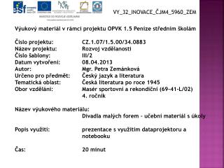 Výukový materiál v rámci projektu OPVK 1.5 Peníze středním školám