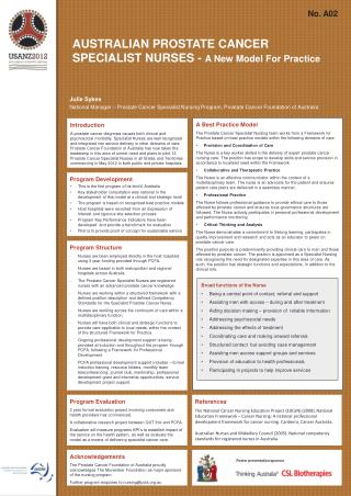 AUSTRALIAN PROSTATE CANCER SPECIALIST NURSES - A New Model For Practice