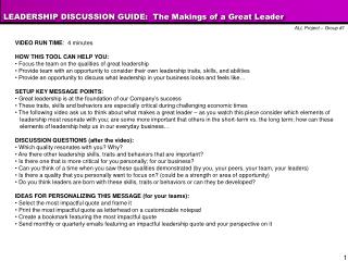 LEADERSHIP DISCUSSION GUIDE: The Makings of a Great Leader