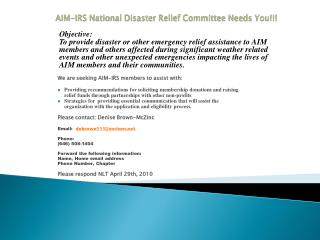 AIM-IRS National Disaster Relief Committee Needs You!!!