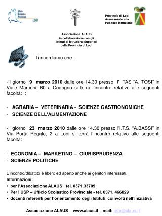 Provincia di Lodi Assessorato alla Pubblica Istruzione