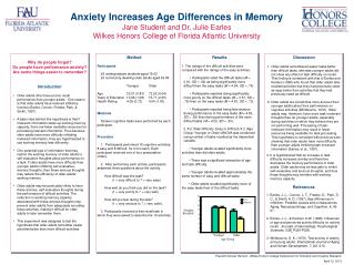 Anxiety Increases Age Differences in Memory Jane Student and Dr. Julie Earles