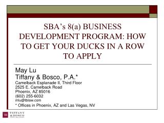 SBA’s 8(a) BUSINESS DEVELOPMENT PROGRAM: HOW TO GET YOUR DUCKS IN A ROW TO APPLY