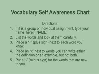 Vocabulary Self Awareness Chart