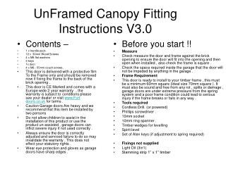 UnFramed Canopy Fitting Instructions V3.0