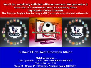 Fulham FC vs West Bromwich Albion LIVE STREAM ONLINE TV SHOW