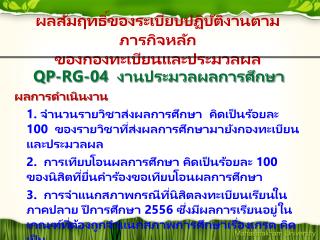 ผลสัมฤทธิ์ของระเบียบปฏิบัติงานตามภารกิจหลัก ของกองทะเบียนและประมวลผล