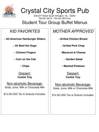 Kids Tour Buffet Menu