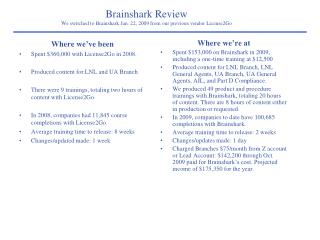 Brainshark Review We switched to Brainshark Jan. 22, 2009 from our previous vendor License2Go