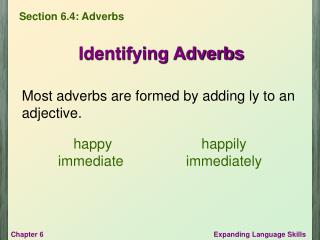 Most adverbs are formed by adding ly to an adjective.