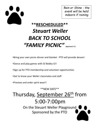 ** RESCHEDULED ** Steuart Weller BACK TO SCHOOL “FAMILY PICNIC” (approved J.P.)
