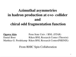 Azimuthal asymmetries in hadron production at e+e- collider and