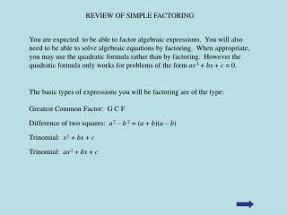 REVIEW OF SIMPLE FACTORING