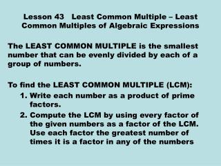 Lesson 43 Least Common Multiple – Least Common Multiples of Algebraic Expressions