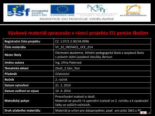 Výukový materiál zpracován v rámci projektu EU peníze školám