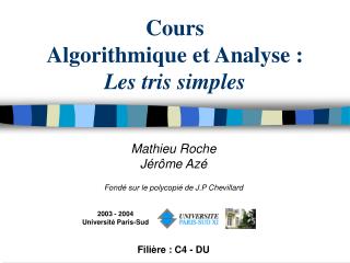 Cours Algorithmique et Analyse : Les tris simples