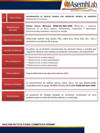 determinación de metales pesados por absorción atómica en alimentos (Productos de la pesca).