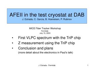 AFEII in the test cryostat at DAB J. Estrada, C. Garcia, B. Hoeneisen, P. Rubinov