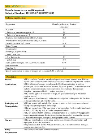 Manufacturers: Acron and Dorogobuzh Technical Standard: TU 2186-039-00203789-2003