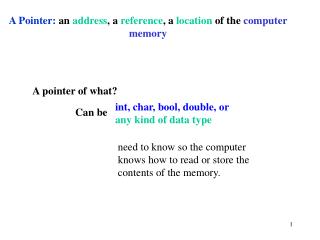 A Pointer: an address , a reference , a location of the computer memory