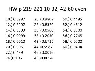 HW p 219-221 10-32, 42-60 even