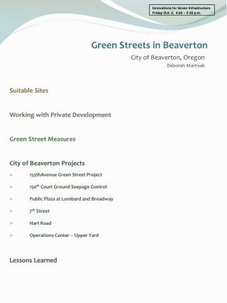 Suitable Sites Working with Private Development Green Street Measures City of Beaverton Projects