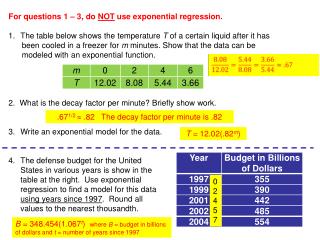 For questions 1 – 3, do NOT use exponential regression.