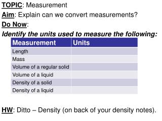 TOPIC : Measurement Aim : Explain can we convert measurements? Do Now :