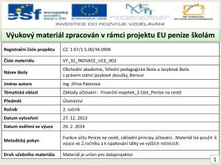 Výukový materiál zpracován v rámci projektu EU peníze školám