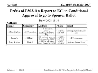 Précis of P802.11n Report to EC on Conditional Approval to go to Sponsor Ballot