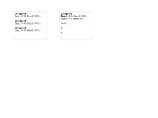 Category1 Item1 (23), Item2 (343),… Category1 Item1 (23), Item2 (343),… Category1