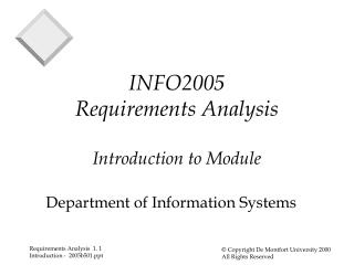 INFO2005 Requirements Analysis Introduction to Module