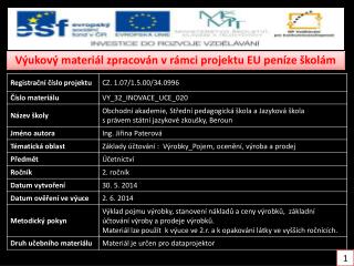 Výukový materiál zpracován v rámci projektu EU peníze školám