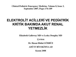 ELEKTROLİT ACİLLERİ VE PEDİATRİK KRİTİK BAKIMDA AKUT RENAL YETMEZLİK