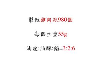 製做 雞肉派 980 個 每個生重 55g 油皮 : 油酥 : 餡 = 3:2:6