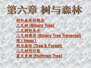 树和森林的概念 二叉树 (Binary Tree) 二叉树的表示 二叉树遍历 (Binary Tree Traversal) 堆 ( Heap ) 树与森林 (Tree &amp; Forest)