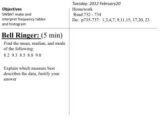 Bell Ringer: (5 min) Find the mean, median, and mode of the following: 8.2 9.3 8.5 8.8 9.0