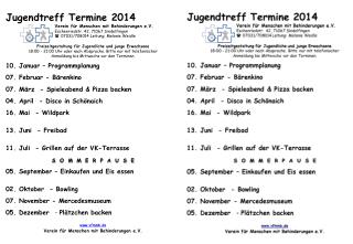Jugendtreff Termine 2014 Verein für Menschen mit Behinderungen e.V .