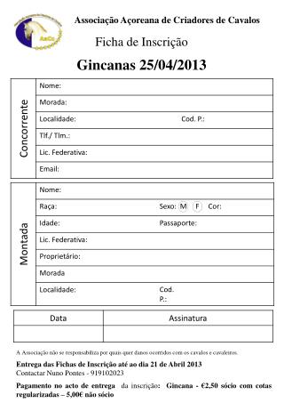 Ficha de Inscrição Gincanas 25/04/2013