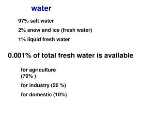 97% salt water 2% snow and ice (fresh water) 1% liquid fresh water