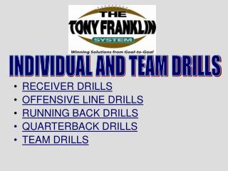 RECEIVER DRILLS OFFENSIVE LINE DRILLS RUNNING BACK DRILLS QUARTERBACK DRILLS TEAM DRILLS