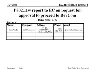 P802.11w report to EC on request for approval to proceed to RevCom