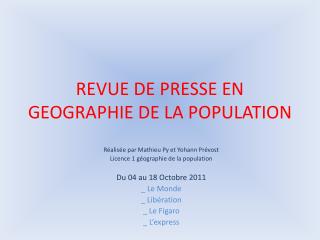 REVUE DE PRESSE EN GEOGRAPHIE DE LA POPULATION