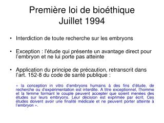 Première loi de bioéthique Juillet 1994